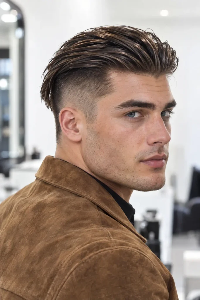 Long slicked-back undercut hairstyle for men with a triangle face shape