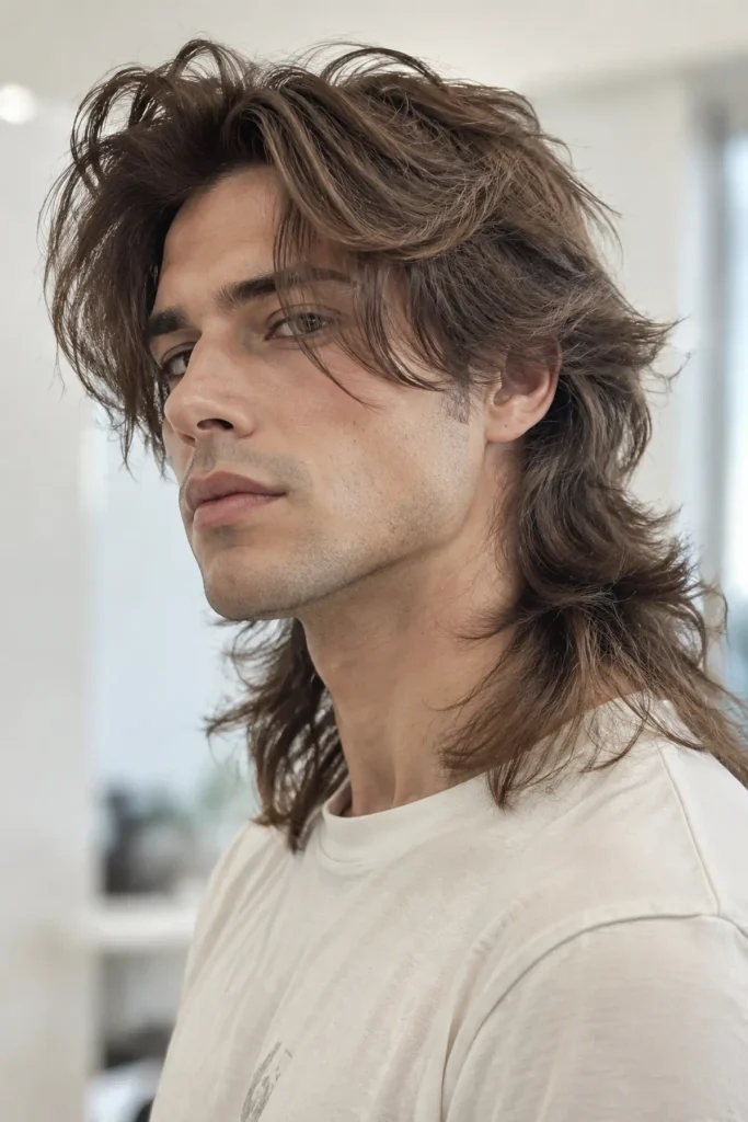 Long wolf cut for men with layered back and face-framing textured hair