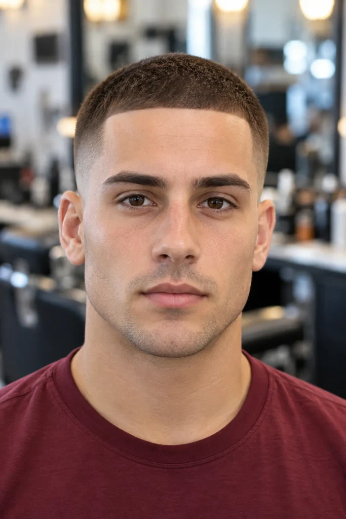 Longer front buzz cut for a big forehead with low taper
