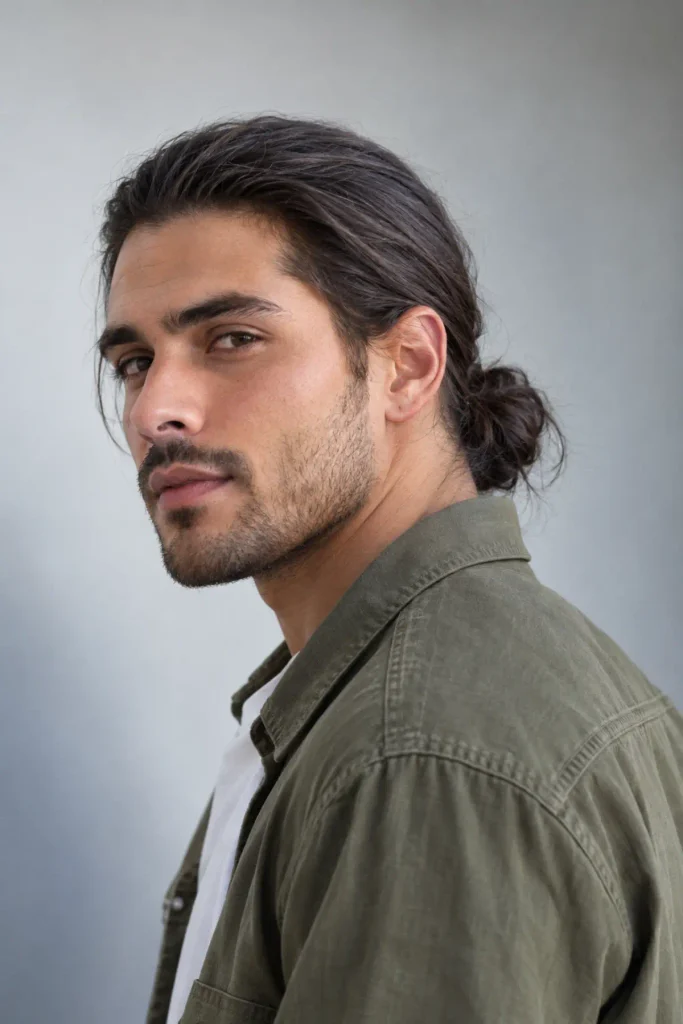 Low man bun hairstyle for men with long hair tied neatly at the nape