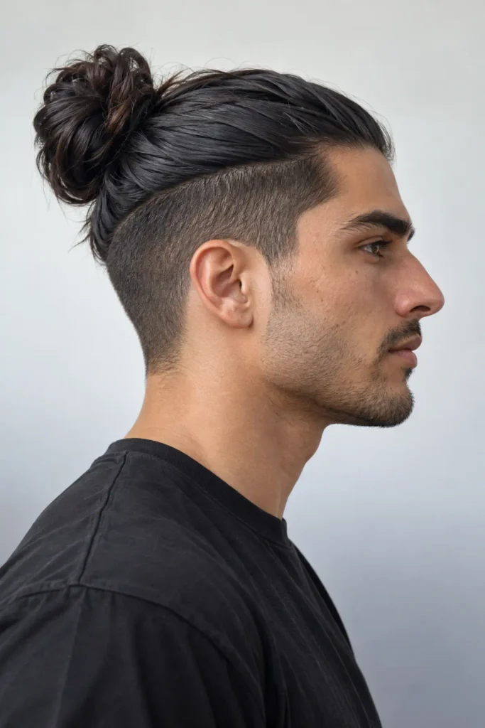Man bun undercut hairstyle with shaved sides and long hair on top