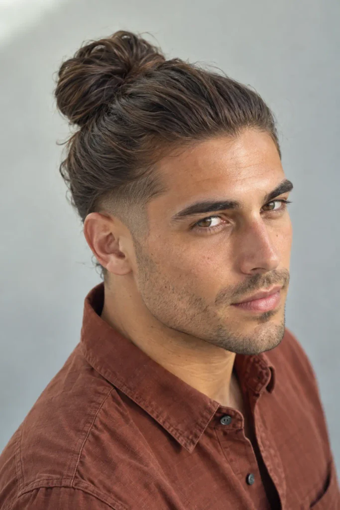 Man bun with low fade haircut for men with long hair on top