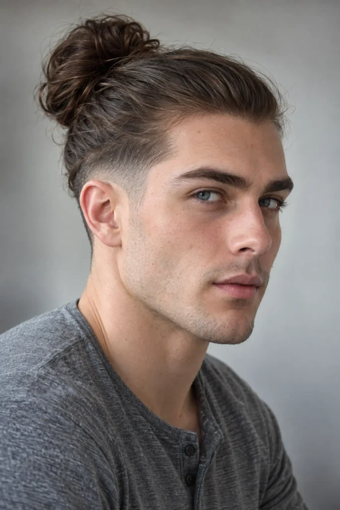 Man bun with mid fade haircut and long hair on top for men