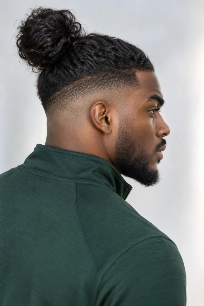 Man bun with skin fade haircut for men with long hair on top