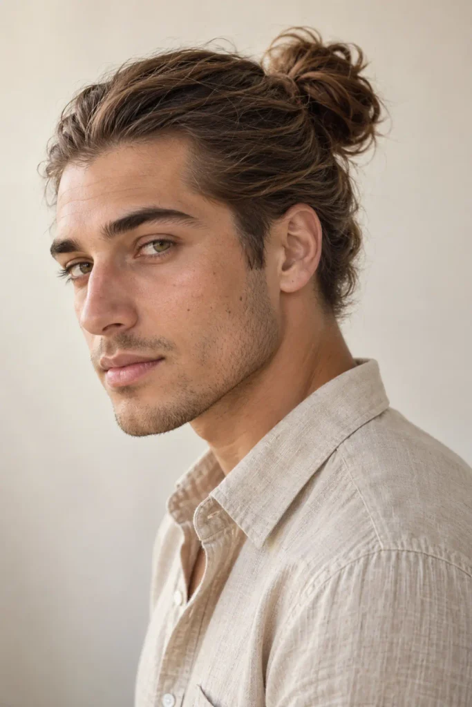 Man bun with tapered sides and long hair for a clean men's hairstyle