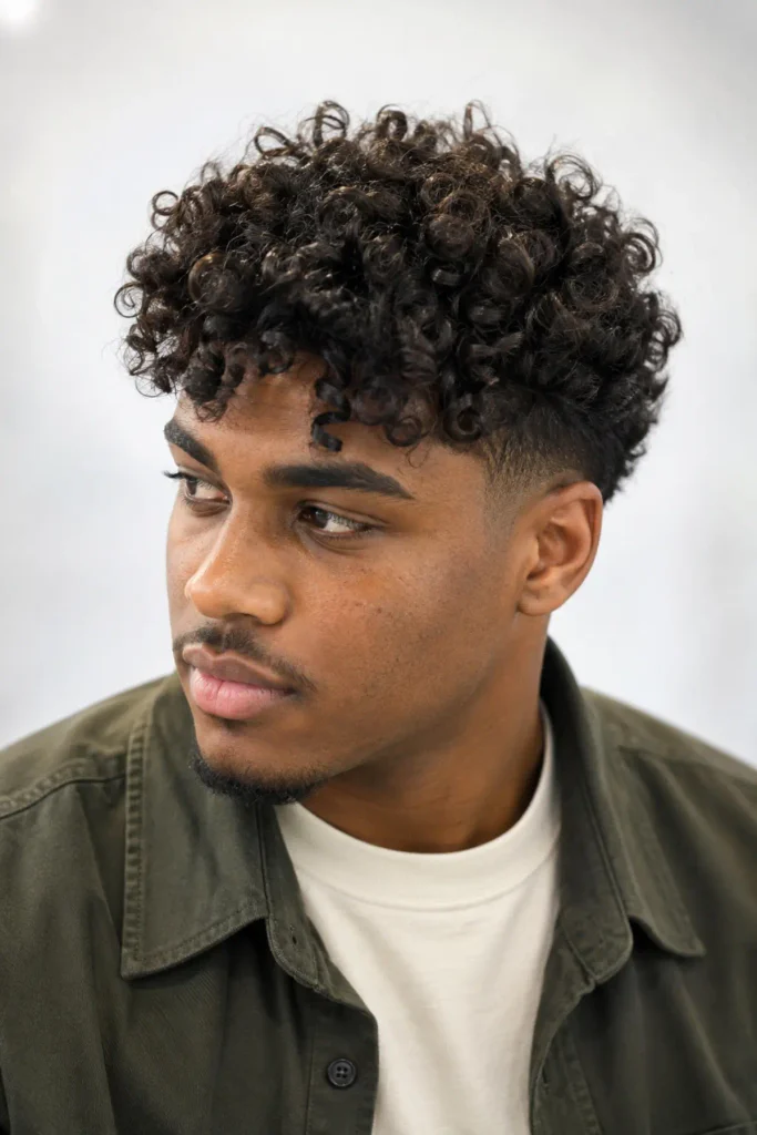 Medium length curly crop haircut for men with natural curls
