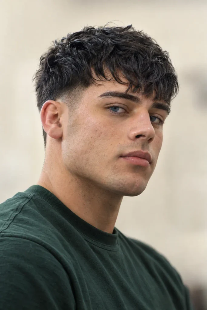 Medium French crop haircut with textured forward fringe
