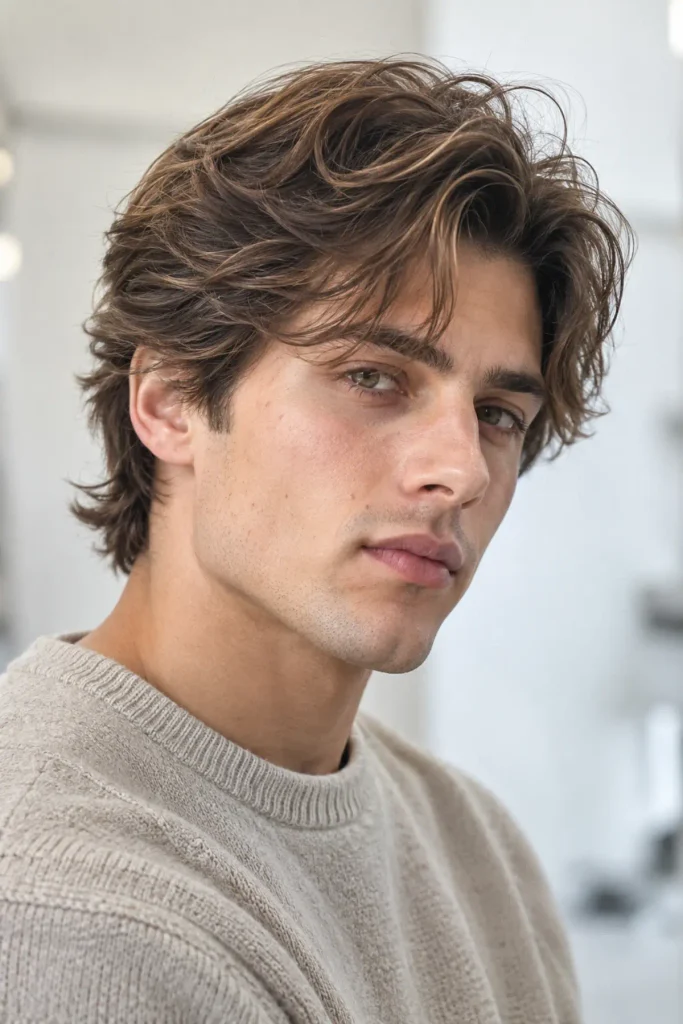 Medium-length layered haircut for men with a triangle face shape