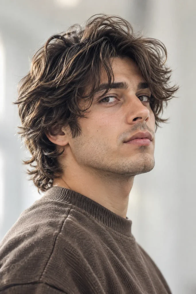 Man with choppy medium shag haircut and feathered layers