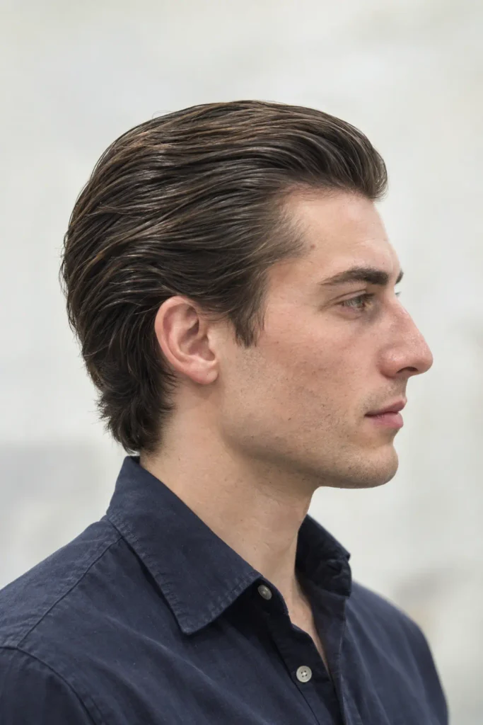 Medium length slick back haircut with pomade finish