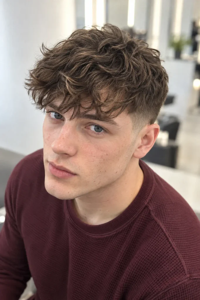 Messy fringe haircut for men with a triangle face shape and wide jawline