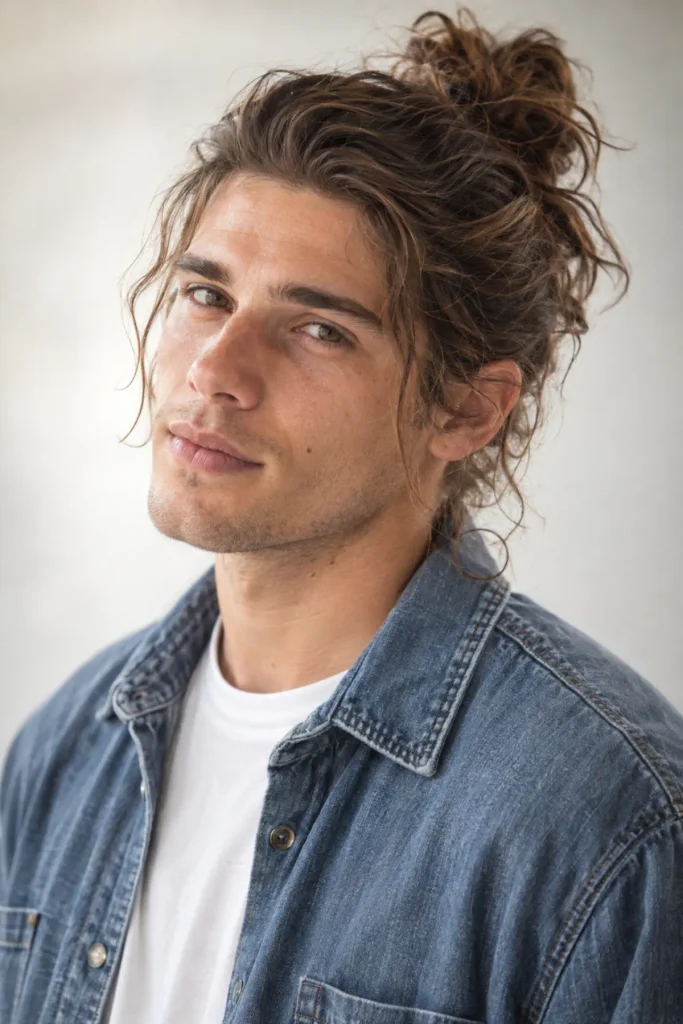 Messy man bun hairstyle for men with long textured hair and loose strands