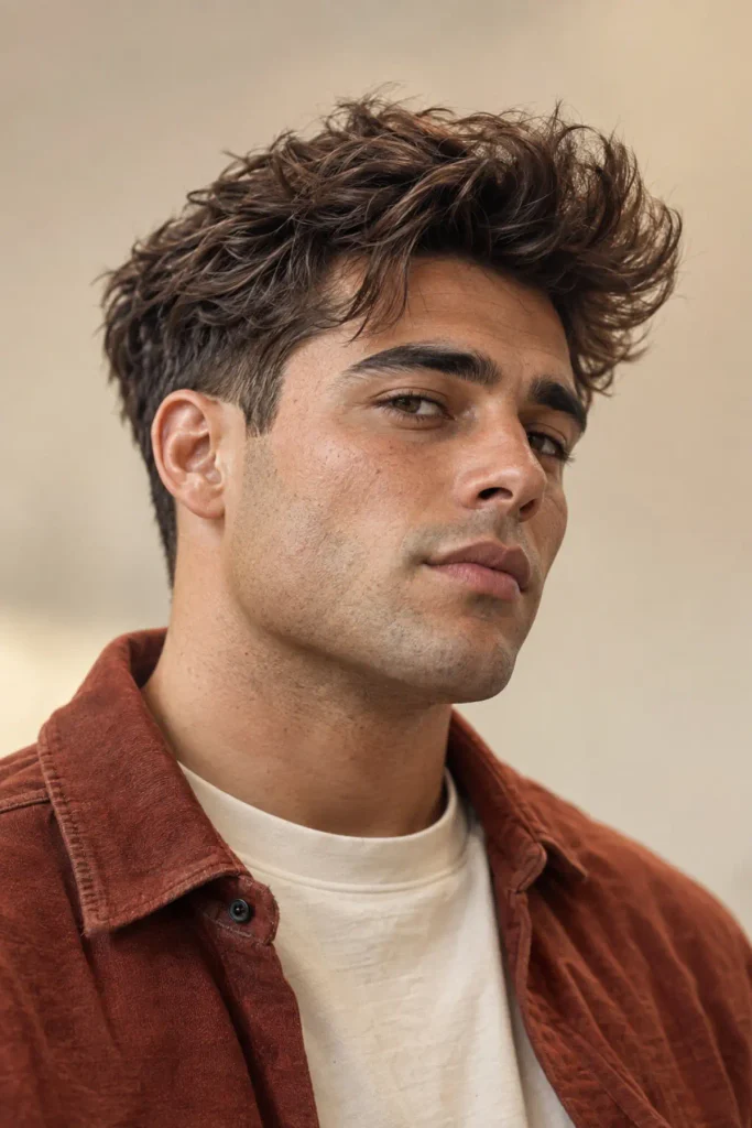 Man with messy textured quiff haircut and faded sides