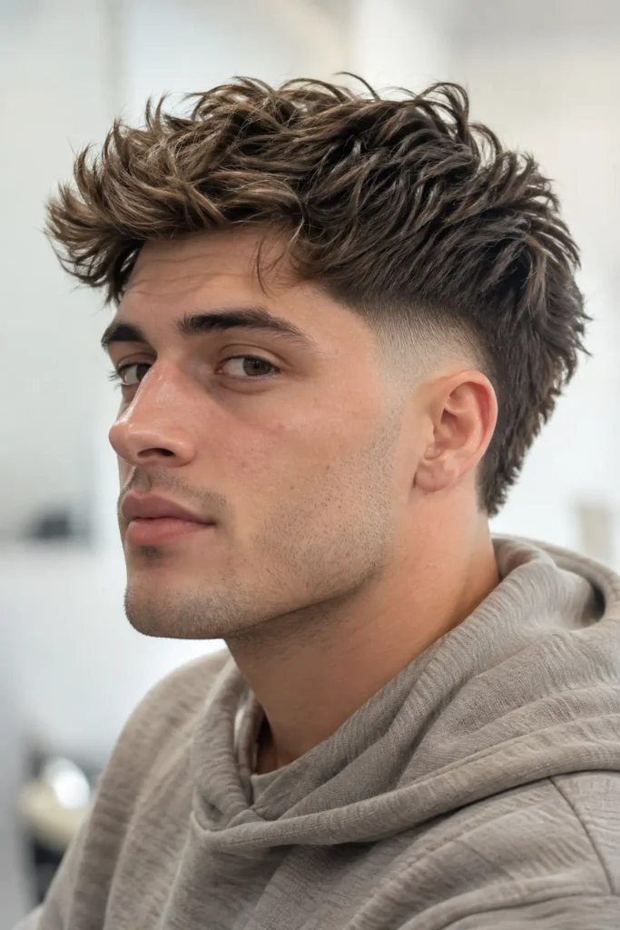 Mid burst fade haircut fanning out in a semicircle around the ear