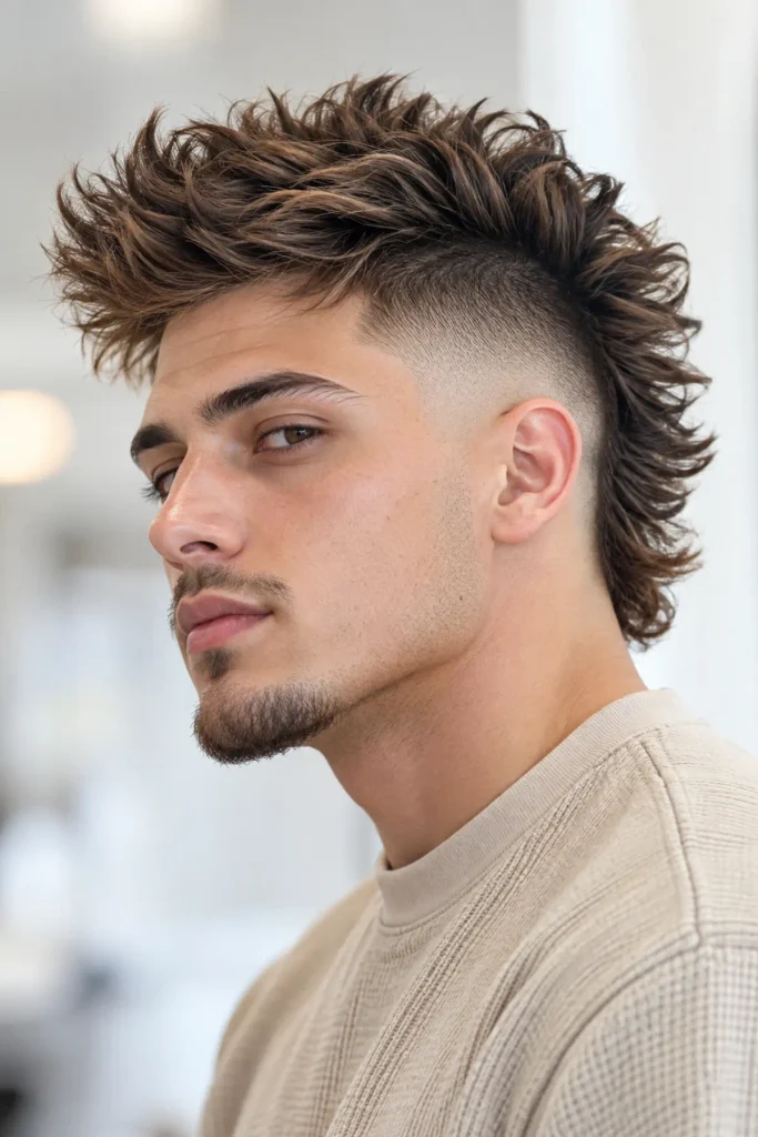 Mid burst fade mohawk with a strip of hair down the center and curved burst sides