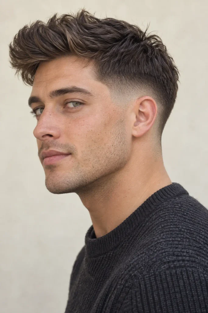 Mid drop fade haircut curving down behind the ear on a man with short textured hair