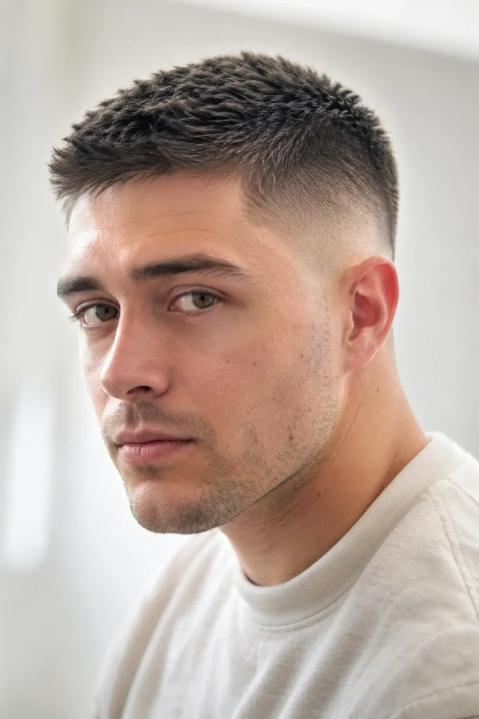 Mid fade buzz cut with short clipper-cut hair on top and tapered sides