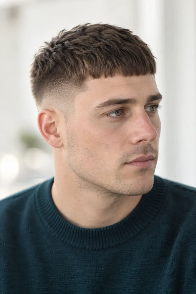 Mid fade Caesar cut with a short, blunt fringe across the forehead