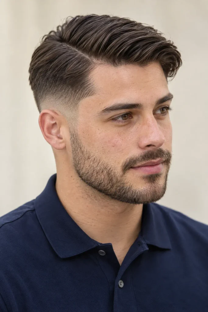 Man with a mid fade comb over haircut, hair neatly combed to one side