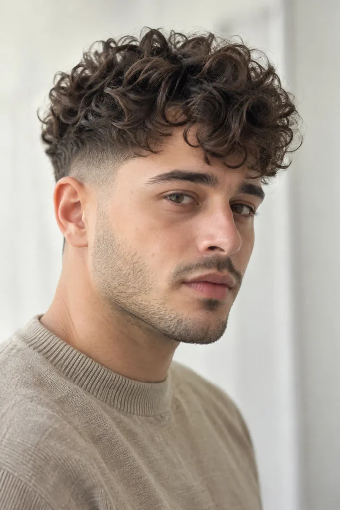 Mid fade with curly top on a man with defined natural curls and clean sides