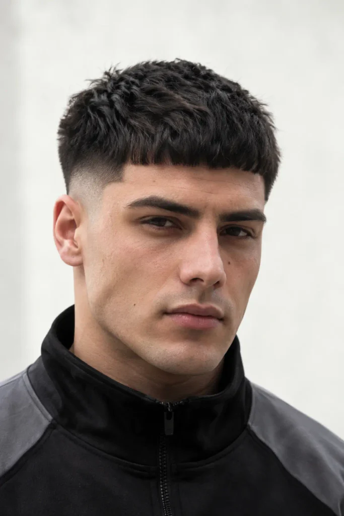 Man with a mid fade Edgar cut and a straight, squared line across the front
