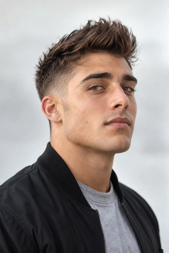 Man with a mid fade faux hawk, height through the center and faded sides