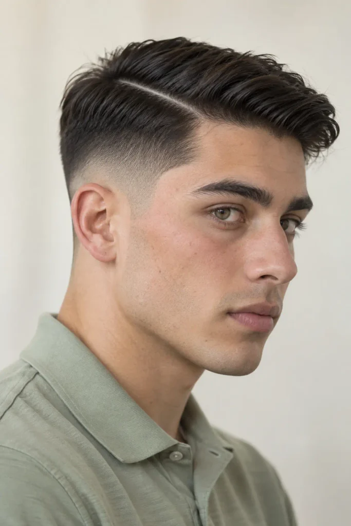 Mid fade haircut with a hard part, a shaved line separating the top and sides