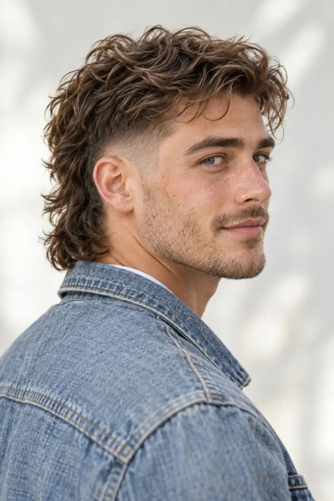 Modern mid fade mullet with sharp faded sides and longer hair at the back