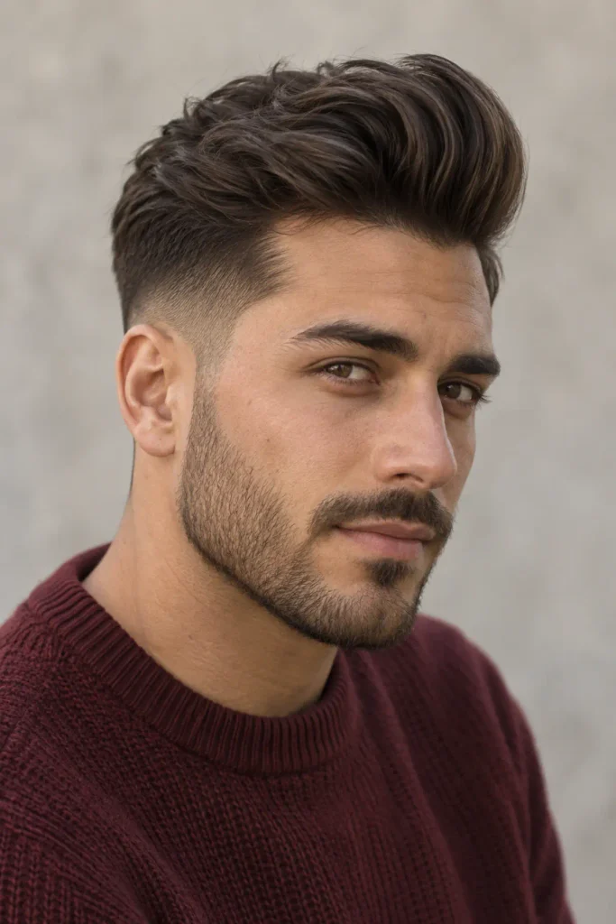 Man with a mid fade pompadour styled high and back with faded sides