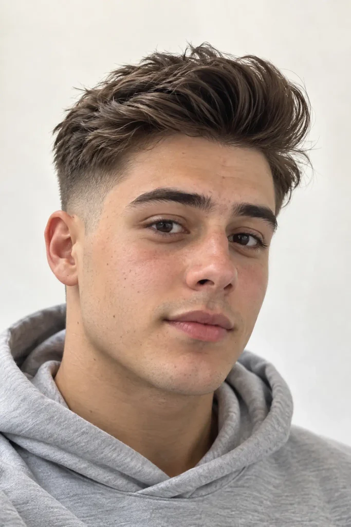 Man with a mid fade quiff, front hair lifted up and back over faded sides