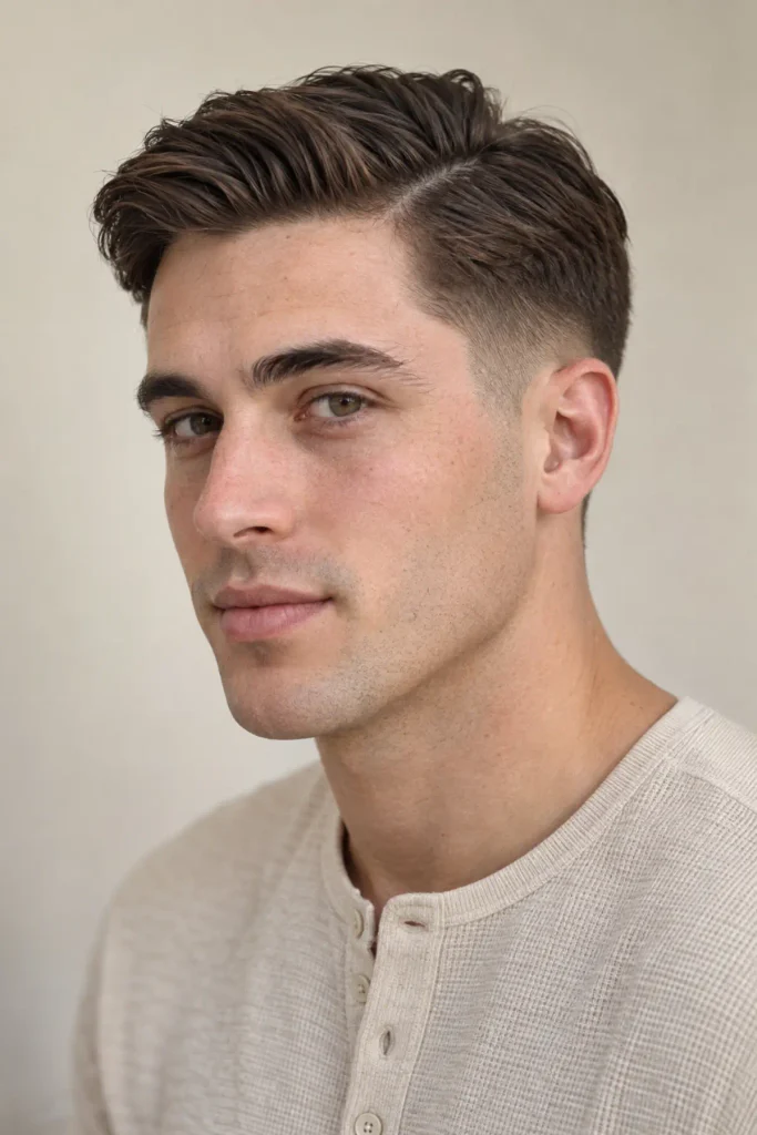 Man with a mid fade side part haircut and a defined part combed into the top
