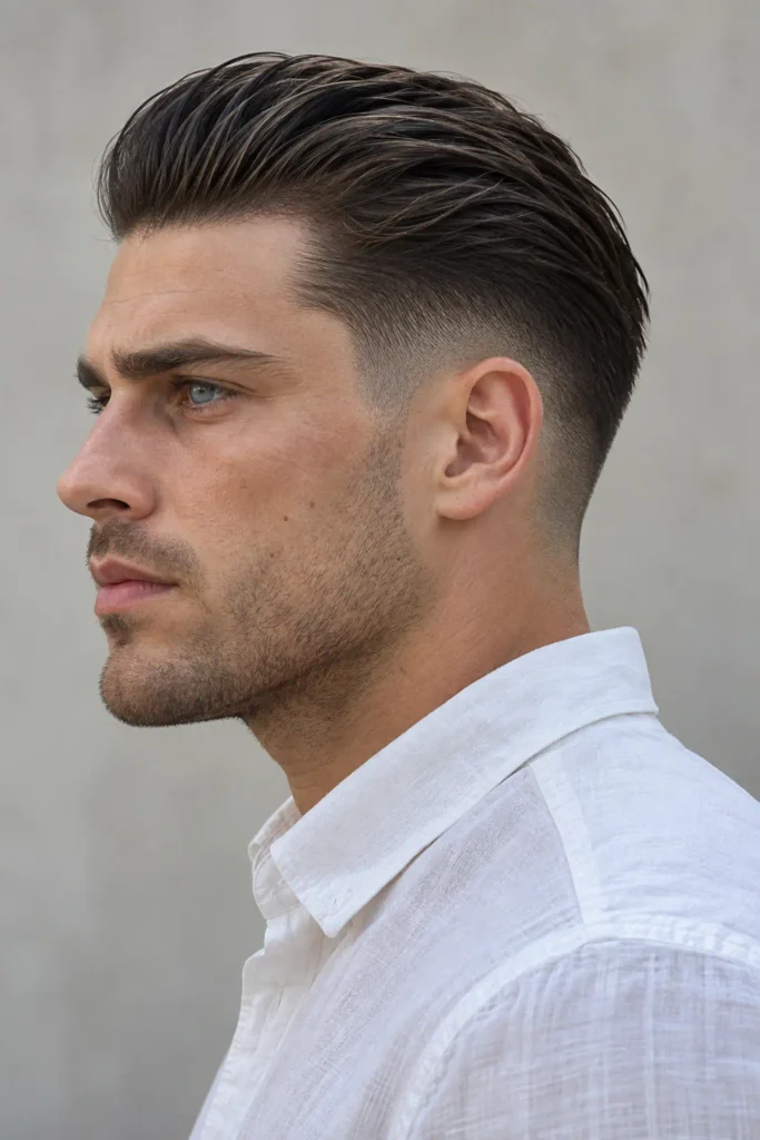 Mid fade slick back haircut with hair combed straight back and a clean fade