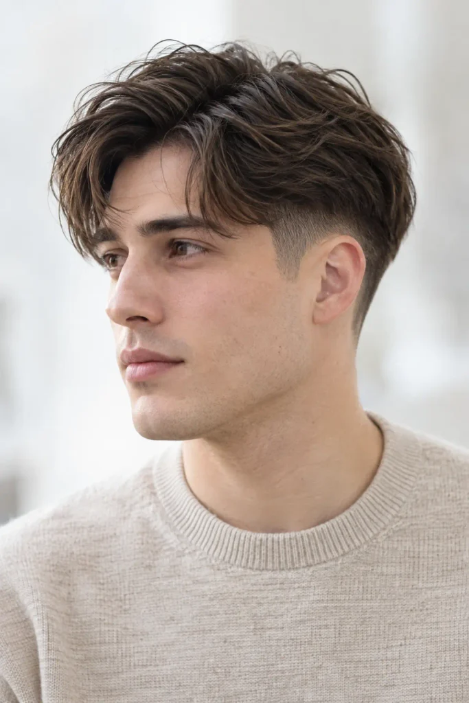 Mid fade two block haircut with long textured top over sharply faded sides