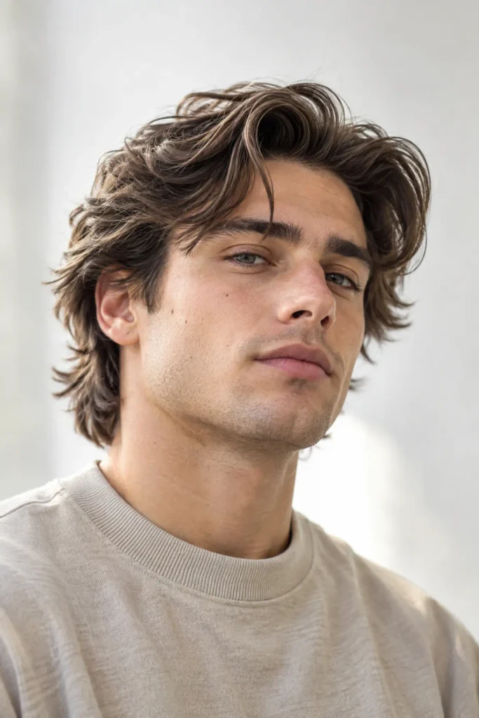 Man with modern flow medium length haircut swept back