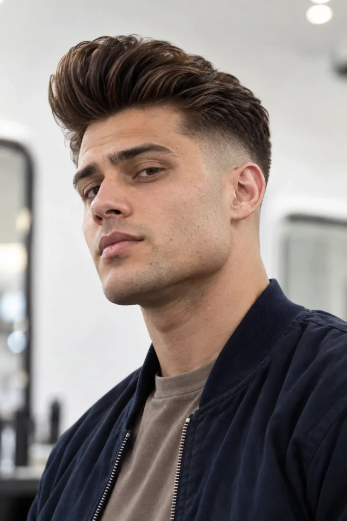 Modern pompadour haircut with high fade for men with a triangle face shape