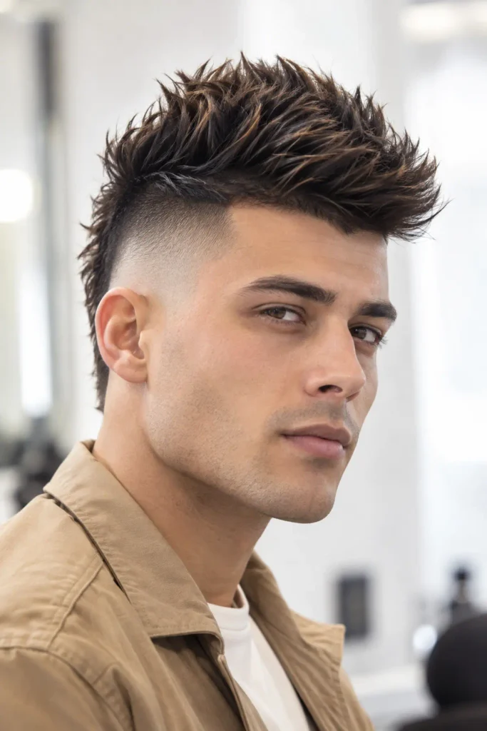 Textured mohawk fade haircut for men with a triangle face shape