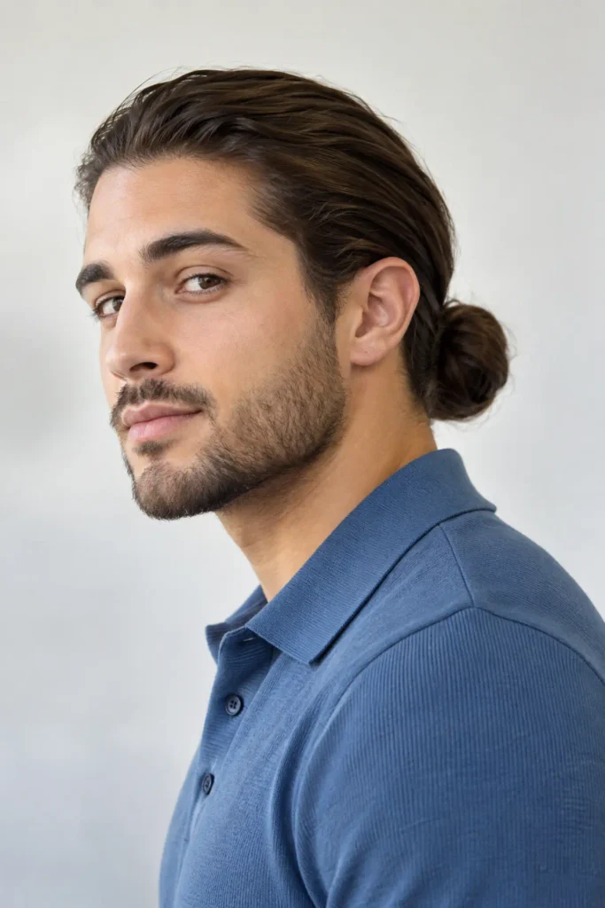 Professional low bun hairstyle for men with long hair and clean tapered sides