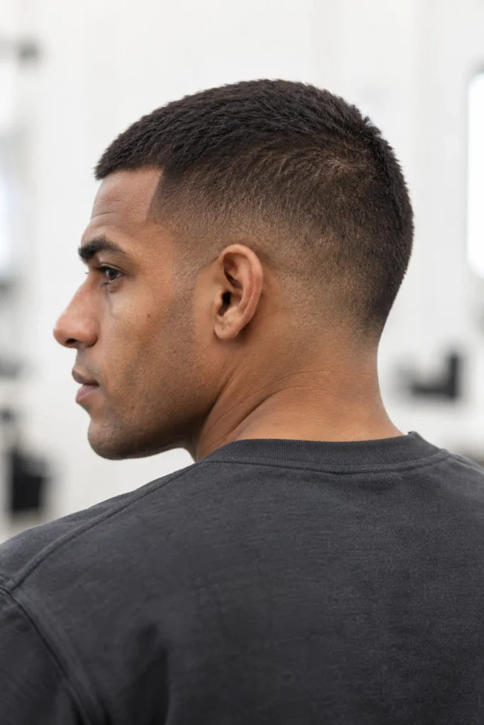 Man with a short regulation haircut for fine hair