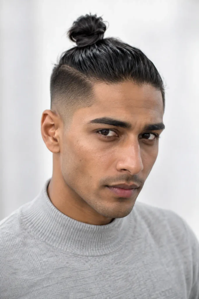 Samurai bun top knot hairstyle for men with long hair and short faded sides