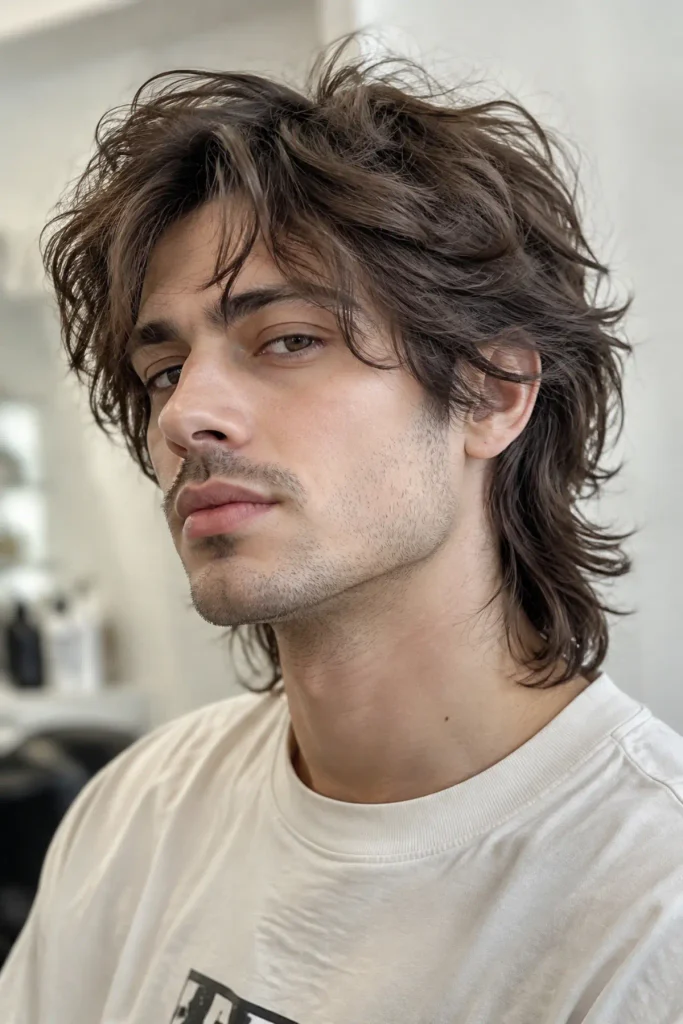 Shaggy wolf cut for men with messy choppy layers and textured volume