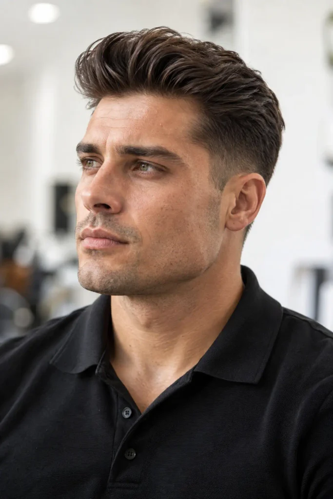 Man with a short pompadour haircut and tapered sides for fine hair