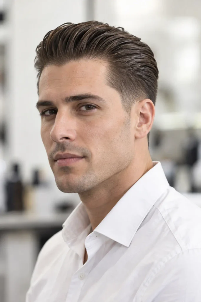Man with a short slick back haircut for fine hair