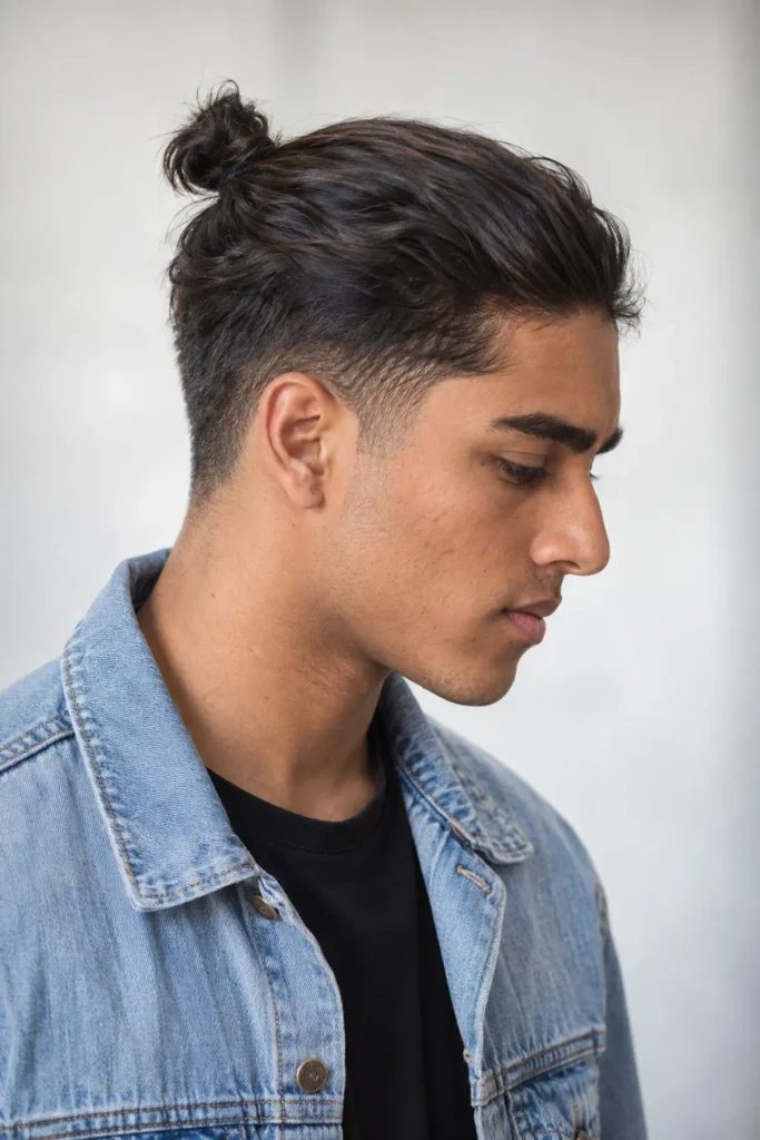 Short starter man bun hairstyle for men growing out long hair