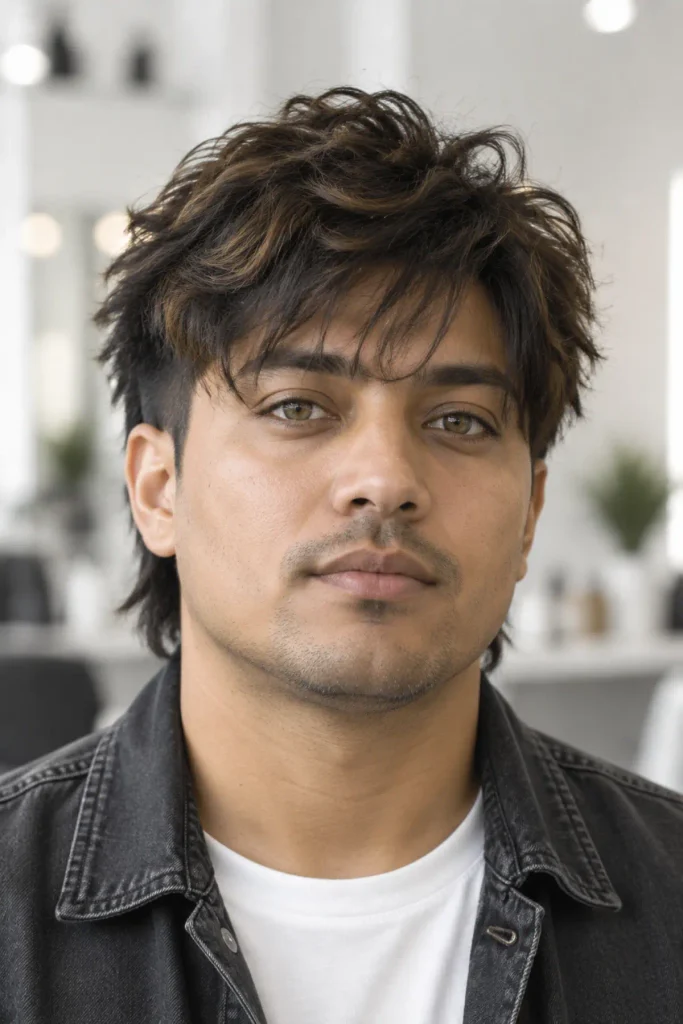 Short wolf cut for men with textured layers and a tapered back