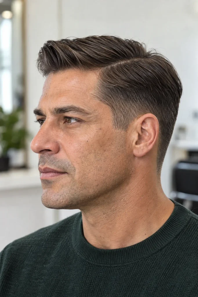 Man with a classic side part haircut for fine straight hair