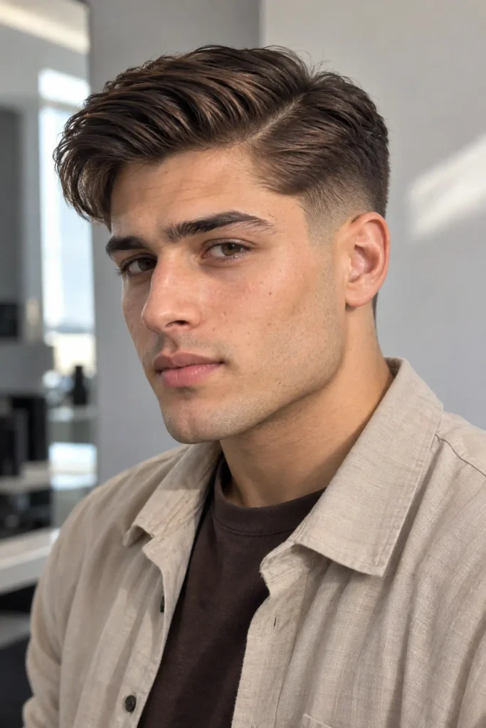 Side part haircut with taper fade for a man with a triangle face shape