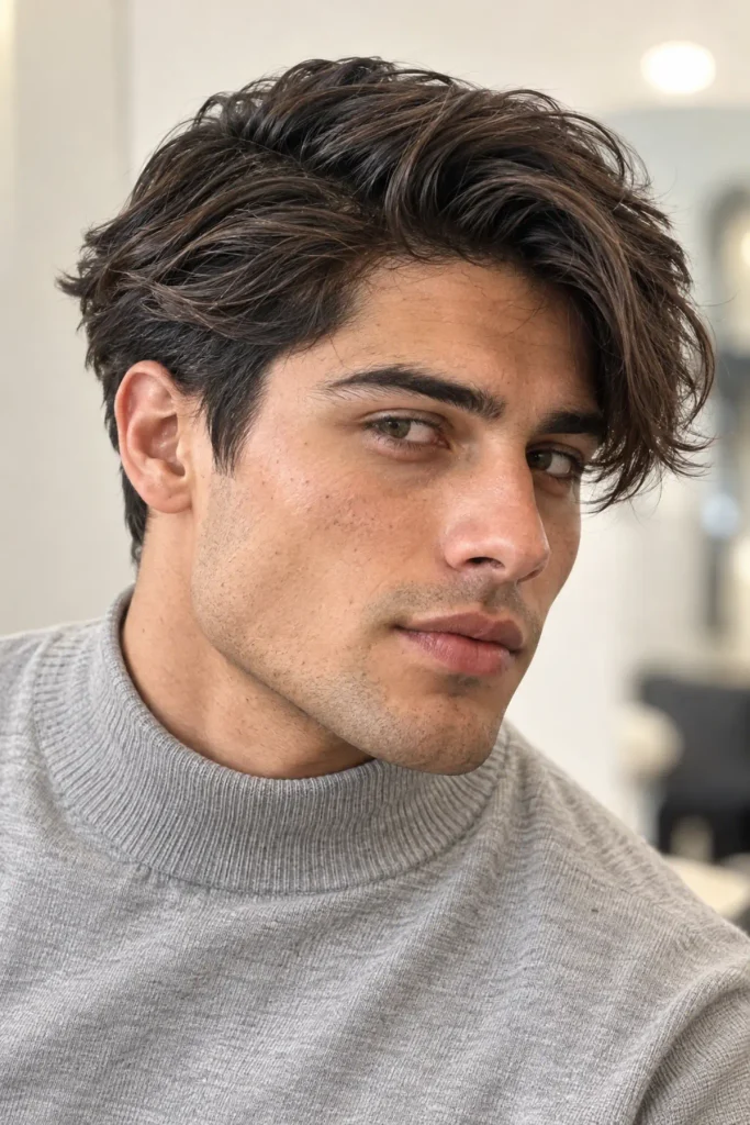 Side-Swept Medium-to-Long Hair — "Side-swept medium to long hairstyle for a man with a triangle face shape
