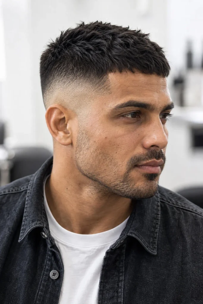 Man with a skin fade and textured top haircut for fine hair