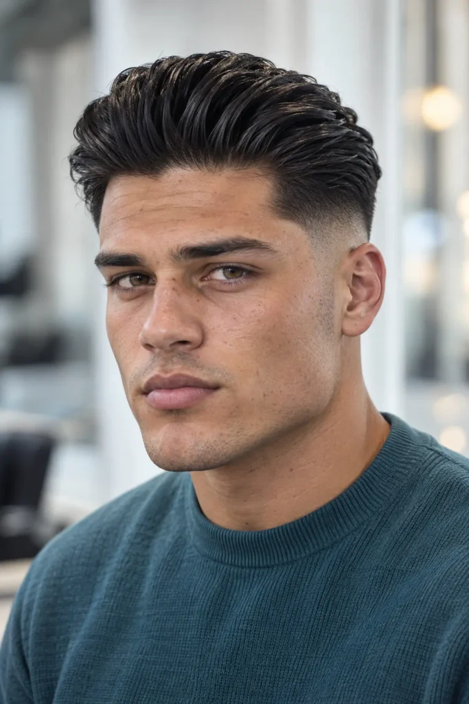 Slicked-back hairstyle with volume for a man with a triangle face shape