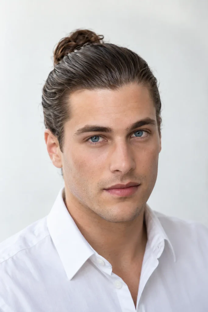 Slicked back man bun hairstyle for men with long hair and polished finish